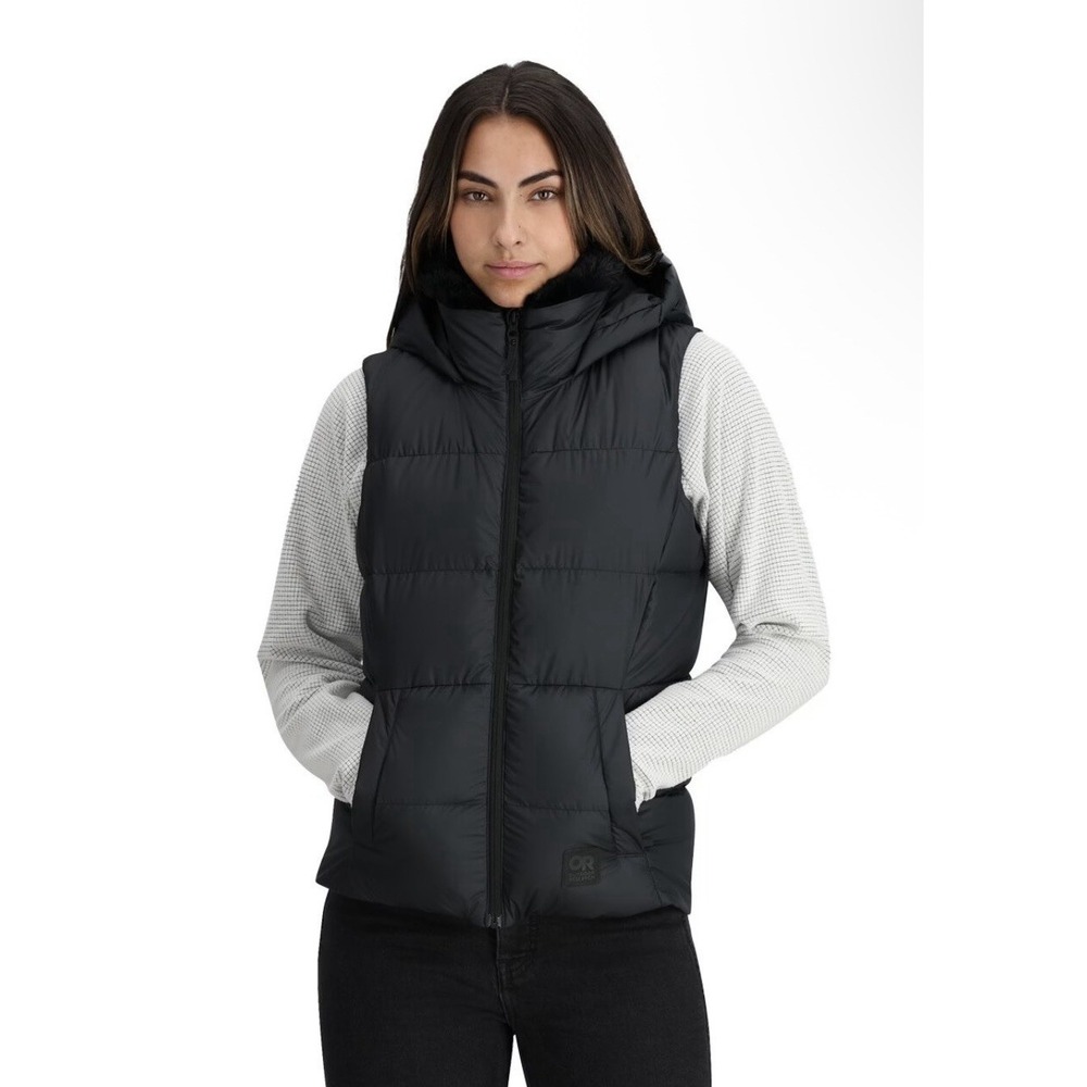 black Outdoor Research Women's Coldfront Hooded Down Vest Fur Collar M Womens